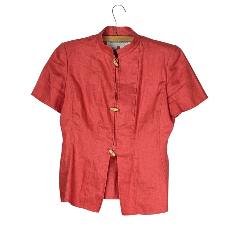 Vintage Oscar de la Renta Coral Linen Mandarin Jacket Bamboo Buttons Size 12